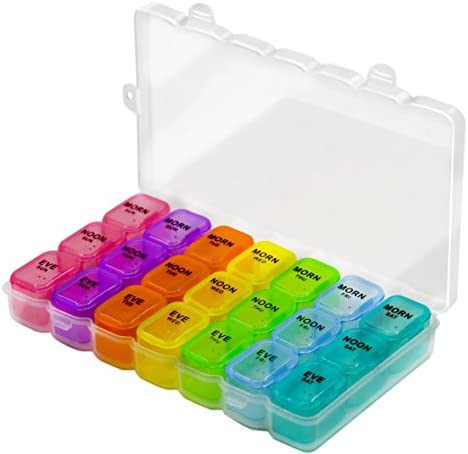 7 Days Pill Organizer Tablet Box Weekly Medication Case Daily AM Morning Noon PM Night Backup Container Compartments Detachable Dispenser (21 Compartment)