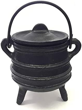 New Age Imports, Inc. Cast Iron Cauldron w/handle & lid, ideal for smudging, incense burning, ritual purpose, decoration, halloween decoration, candle holder, etc. (Ribbed Style 4" High, 2.25" Dia)