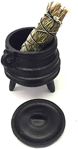New Age Imports, Inc. Cast Iron Cauldron w/handle & lid, ideal for smudging, incense burning, ritual purpose, decoration, halloween decoration, candle holder, etc. (Ribbed Style 4" High, 2.25" Dia)