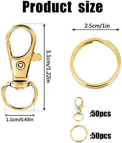 100PCS Gold Swivel Clasps Lanyard Snap Hooks with Key Rings, Key Chain Clip Hooks Lobster Claw Clasps for Keychains Jewelry DIY Crafts