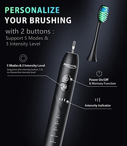 BAOVERI Electric Toothbrush with 8 Brush Heads for Adults&Kids, Sonic Electric Toothbrushes, 5 Modes&3 Intensity Levels, 2 Minutes Smart Timer, 4 Hours Fast Charge for 60 Days (Black)