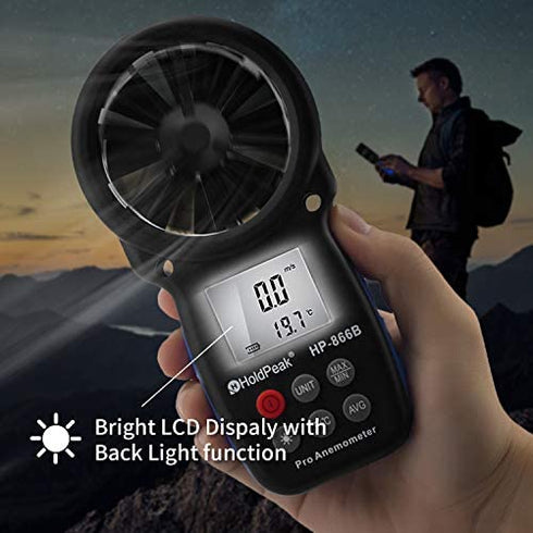 HoldPeak 866B Digital Anemometer Handheld Wind Speed Meter for Measuring Wind Speed, Temperature and Wind Chill with Backlight and Max/Min
