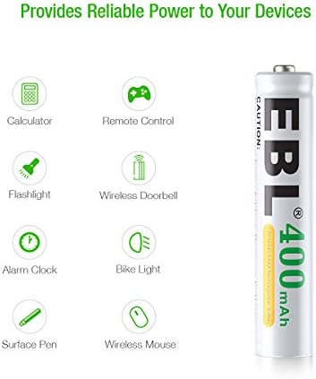 EBL AAAA Rechargeable Batteries, 1.2V 400mAh Ni-MH AAAA Rechargeable Battery for Surface Pen, 4-Count