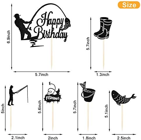 41 Pieces Gone Fishing Cupcake Topper Happy Birthday Cake Topper Fisherman Cake Decoration Fish Topper Picks Glitter for Men Boy Birthday Fishing Theme Party Supplies (Black)