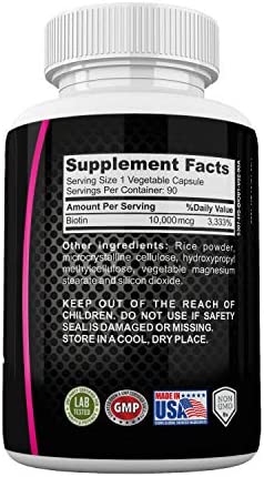 Biotin 10000mcg Supplement - Hair Skin and Nails Vitamins for Women and Men– Biotin for Hair Growth - Biotina para el Cabello 10000 - Non-GMO FDA Inspected Facilities 90 Capsules by Neonutrix