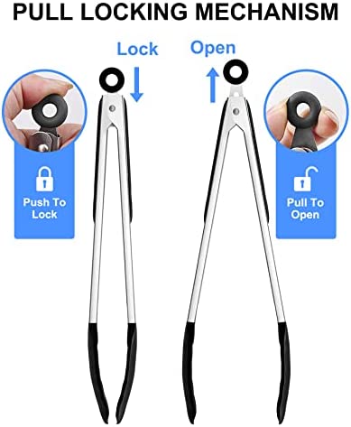 Bnlcd Kitchen Tongs, Premium Stainless Steel Locking Cooking Tongs with Silicone Tips, Non-Slip Food Tongs for Cooking, Heavy Duty, Non-Stick, 480?, Set of 3-7" 9" and 12" Black