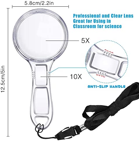 Homgaty 10 Pcs Magnifying Glass for Kids, 10X 5X Mini Handheld Magnifier, Small Magnify Glasses Lens with 10 Lanyard for School Students Outdoor Explorer, Science Observation and Seniors Reading