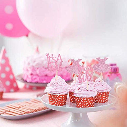 Ercadio 24 Pack It's a Girl Cupcake Toppers Pink Glitter Dress Cupcake Picks Baby Shower Gender Reveal Girls Birthday Party Cake Decorations Supplies
