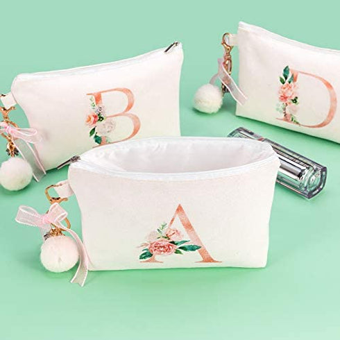 PARBEE Floral Initial Canvas Makeup Bag Zipper Cosmetic Pouch with Keychain, Monogrammed Gift for Girls Women Mom Teacher Birthday Valentine's Day Mother's Day Bridal Shower