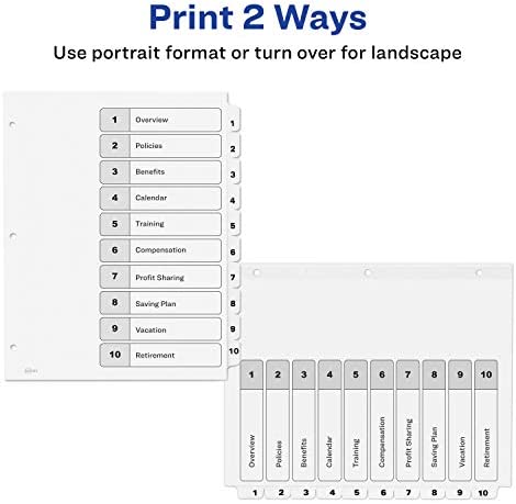 Avery 10-Tab Dividers for 3-ring Binders, Customizable Table of Contents, Classic White Tabs, 1 Set (11077)