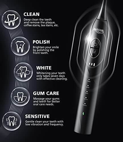 BAOVERI Electric Toothbrush with 8 Brush Heads for Adults&Kids, Sonic Electric Toothbrushes, 5 Modes&3 Intensity Levels, 2 Minutes Smart Timer, 4 Hours Fast Charge for 60 Days (Black)