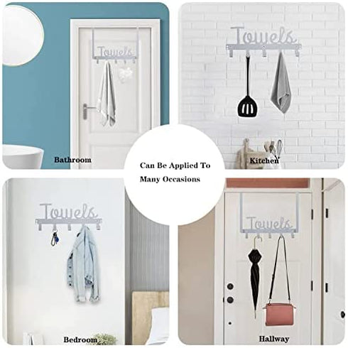 Over The Door 5 Hooks Door Hanger; Over The Door Towel Rack Bathroom Organizer for Hanging Towels Robe Coat Shirt Hat-Silver