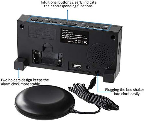 Super Loud Alarm Clock with Bed Shaker, Vibrating Alarm Clock for Heavy Sleepers Hearing Impaired Deaf Teens, Dual Alarm Clock with 7.5’’ Large Display, USB Charger, Dimmer, Snooze & Battery Backup