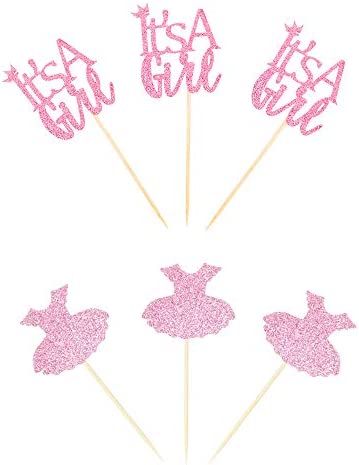 Ercadio 24 Pack It's a Girl Cupcake Toppers Pink Glitter Dress Cupcake Picks Baby Shower Gender Reveal Girls Birthday Party Cake Decorations Supplies