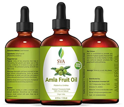 SVA Organics 100% Pure & Natural Amla Oil 4 Oz with Dropper, Authentic & Premium Quality Therapeutic Grade NON-GMO Oil Large Size for Rejuvenating Scalp, Hair & Skin