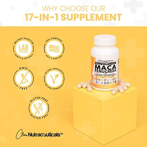 Ashwagandha 5000mg Maca Root 2000mg Fenugreek 3000mg Supplement with Tongkat Ali Ginseng - Assists with Stress, Mood & Thyroid Health - Ashwagandha Capsules Maca Pills Fenugreek Caps USA - 60 Count