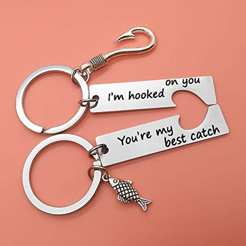 Couple Keychain Gift I'm Hooked on You You're My Best Catch Keychain His and Hers Jewelry Keychain Set Gift for Dad Couples Boyfriend Girlfriend Christmas Gift Valentine's Gift Anniversary Keychain Gift