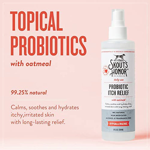 SKOUT'S HONOR: Probiotic Itch Relief Spray for Dogs & Cats - Anti-Itch Spray with Oatmeal - 8 fl oz - Soothes and Hydrates Itchy, Irritated Skin - Hypoallergenic - Non-Medicated - Long-Lasting Relief