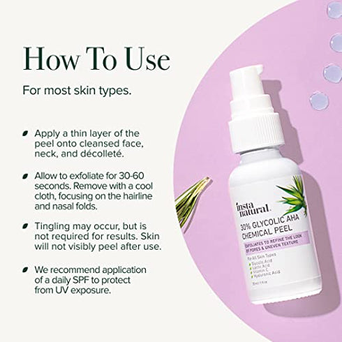 InstaNatural 30% Glycolic Acid AHA BHA Chemical Peel, Glycolic Acid Peel with Vitamin C, Lactic Acid, Hyaluronic Acid and Salicylic Acid, BHA Chemical Exfoliant for Face