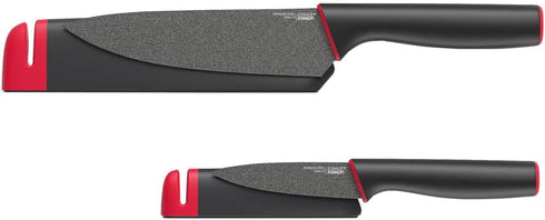 Joseph Joseph Slice & Sharpen 6" Chef's Knive and 3.5" Paring Knife with Sharpening Protective Sheaths, Black