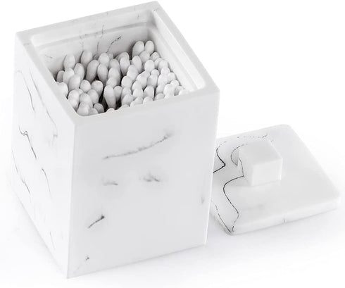 Sanbege 2 pcs Cotton Swab Holder with Lid, Resin Q-Tips Container, Cotton Ball Canister for Vanity, Dresser Counter, Bathroom Sink Organizer (White Marble)