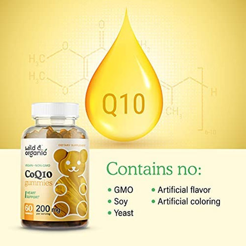 Wild & Organic CoQ10 Gummies 200 mg - Natural Coenzyme Q10 Nutritional Supplement - Antioxidant Support, Helps Promote Brain & Heart Wellness, Boost Energy Levels - 60 Banana-Flavored Chewable Bears