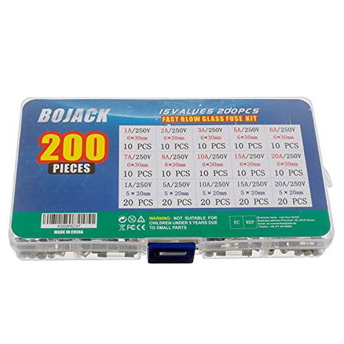 BOJACK 15 Values 200 pcs Fast-Blow Glass Fuses Assortment Kit 5x20mm 250V 1 5 10 15 20A 6x30mm 250V 1 2 3 5 6 7 8 10 15 20A amp packag in a Clear Plastic Box