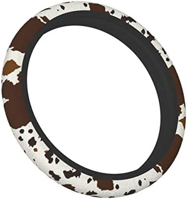 Cow Leather Skin Brown Car Steering Wheel Cover Elastic Comfortable Neoprene Steering Wrap Universal 15 Inch Durable Protector