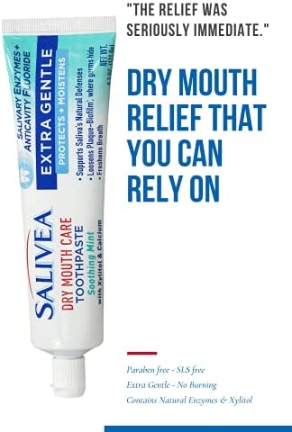 SALIVEA Dry Mouth Toothpaste - Soothing Mint Toothpaste with Natural Salivary Enzymes - Gentle Toothpaste to Aid Dry Mouth Care - Natural, Paraben Free Dry Mouth Toothpaste - Mint Flavor (4.3 oz Tube)