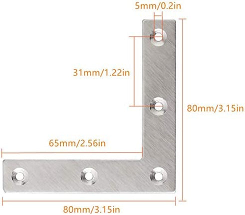 Flat L Shaped Corner Bracket, Tiberham 10 Pcs 80 x 80 mm Stainless Steel Right Angle Corner Brace Repair Plate, Heavy Duty Furniture Fastener Joint Corner Connector for Wood Shelf Cabinet Table Chair
