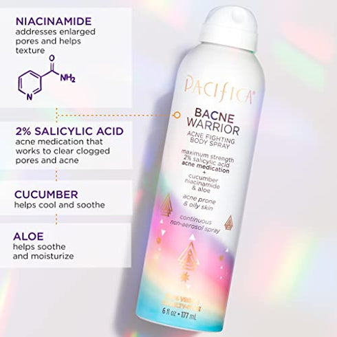 Pacifica Beauty Bacne Warrior Acne Fighting Body Spray for Body and Back, 2% Salicylic Acid, Niacinamide, Cucumber & Aloe, Sensitive Skin Approved, 100% Vegan and Cruelty Free, Clear, 6 Fl Oz