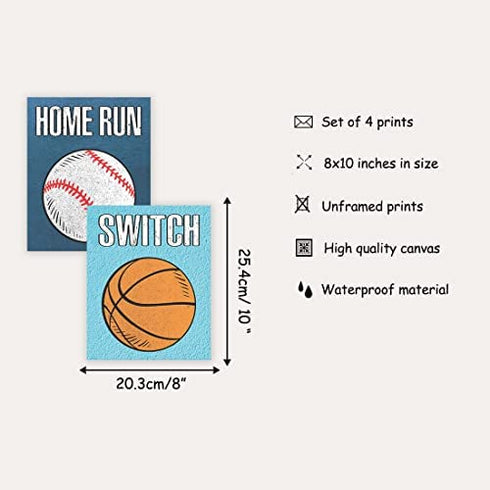 CHDITB Unframed Sports Themed Wall Art Print Modern Balls Art Picture, Set of 4 (8" x10" ) Canvas Gym Ball Posters For Boy Room Nursery Sport Room Decor, Basketball Boys Gift For Man