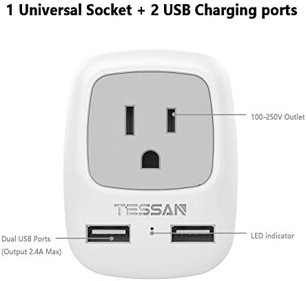 US to India Power Adapter, TESSAN International Grounded Travel Plug Adapter with 2 USB &1 American Sockets Outlet Charger, Type D Adaptor for Bangladesh Maldives Nepal Pakistan