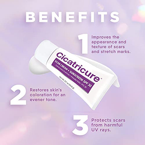 Cicatricure Scar Cream & SPF 30 Sunscreen, Daily Skin Lotion to Help Fade Old & New Scars, Hydrating Formula to Improve Skin Tone, 0.7 Ounce