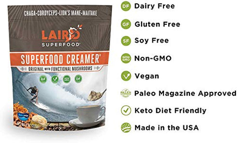 Laird Superfood Non-Dairy Original Superfood Coconut Powder Coffee Creamer with Functional Mushrooms, Maitake, Reishi, Non-GMO, Vegan, 8 oz. Bag, Pack of 1