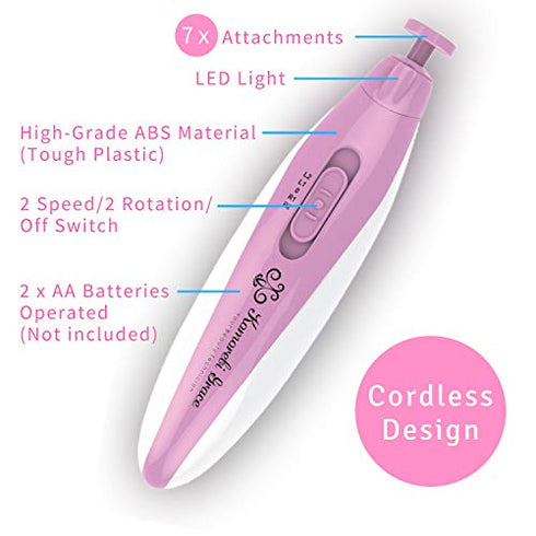 Electric Nail File Manicure & Pedicure Set: 2-Speed Battery Operated Nail File Kit w Portable Nail Drill Grinder, Buffer, Shaper, Polisher and Cuticle Pusher for Natural Finger Nails & Toe Nails Care