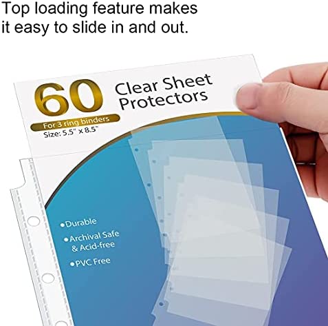KTRIO Heavyweight Sheet Protectors for Mini 3 Ring Binder Clear Page Protector, 5.5 x 8.5 inch Plastic Sleeves for Small Binders, Paper Protector 7 Hole Top Loading, 60 Pack