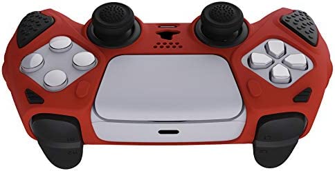 PlayVital Knight Edition Passion Red & Black Two Tone Anti-Slip Silicone Cover Skin for ps5 Controller, Soft Rubber Case for ps5 Wireless Controller with Thumb Grip Caps