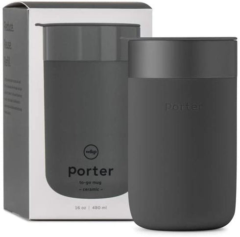 W&P Porter Ceramic Mug w/ Protective Silicone Sleeve, Charcoal 16 Ounces | On-the-Go | No Seal Tight | Reusable Cup for Coffee or Tea | Portable | Dishwasher Safe