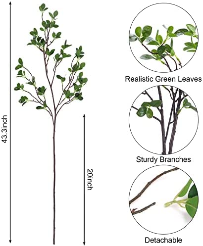 Whonline 43.3inch Artificial Greenery Stems, 2pcs Artificial Greenery Faux Branches for Vase Filler, Faux Ficus Twig with Green Eucalyptus Leaves for Home Office Decor