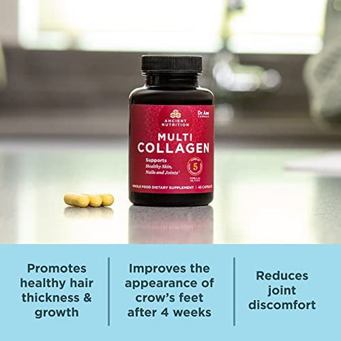 Ancient Nutrition Collagen Pills Peptides Powder Supplement, 45 Ct, Hydrolyzed Multi Collagen Pills, Types I, II, II, V & X, Supports Healthy Skin and Nails, Gut Health and Joint Support