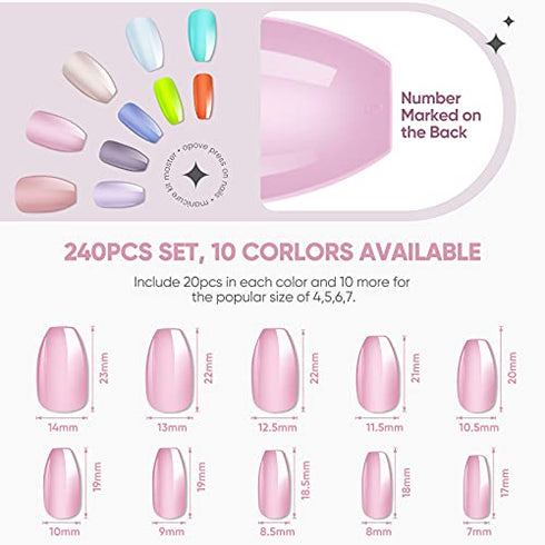 240PCS Press on Nails, OPOVE Short Acrylic glossy Nails Coffin Medium Length, Professional Nail Art Tips Set, Fake Nails with Nail File, Cuticle Stick, Stick on False Artificial Nails with Solid Color