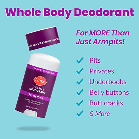 Lume Solid Deodorant Stick - Whole Body Deodorant - Aluminum-Free, Baking Soda-Free, Hypoallergenic, Safe For Sensitive Skin - 2.6 Ounce Solid Stick (Peony Rose)