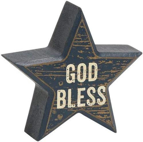 HAPPY DEALS ~ Set of 3 | Wooden Distressed Patriotic Star Sitter Blocks Tabletop Decor - USA, America and God Bless - 3 pc Set - 4 inch