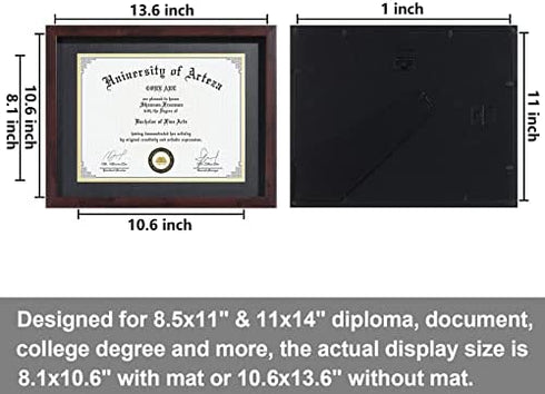 CORE ART 11x14 Diploma Frame Display Certificates 8.5 x 11 with Mat or 11 x 14 without Mat, College Degree Frame with Real Glass, Wall and Tabletop Display(Brown)