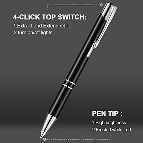 4 Pieces Lighted Tip Pen Ballpoint Pen with Light Flashlight LED Light Pen LED Penlight Light Up Pen for Writing in the Dark (Black and Silver)