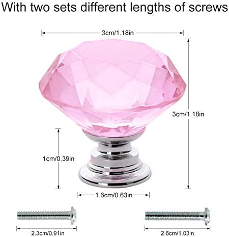 Akstore 10 Pcs Crystal Glass Cabinet Knobs 30mm Diamond Shape Drawer Kitchen Cabinets Dresser Cupboard Wardrobe Pulls Handles (Pink)