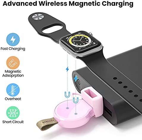 LVFAN Charger for Apple Watch, Portable iWatch Charger USB Wireless Charger Fast Charging Magnetic Cordless Car Travel Charger for Apple Watch Series 8 7 6 5 4 3 2 1 SE (Pink)