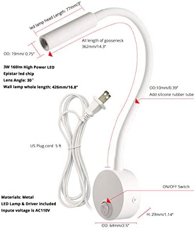 LEDSONLINE White Reading Lamps LED Wall Mounted Study Reading Light for Bed Headboard Gooseneck US Plug Corded-Electric Sconce Lamp Spot LED AC85-265V ( 6000K White)