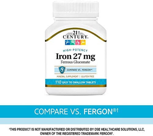 21st Century Iron 27 Mg Ferrous Gluconate Tablets, 110Count